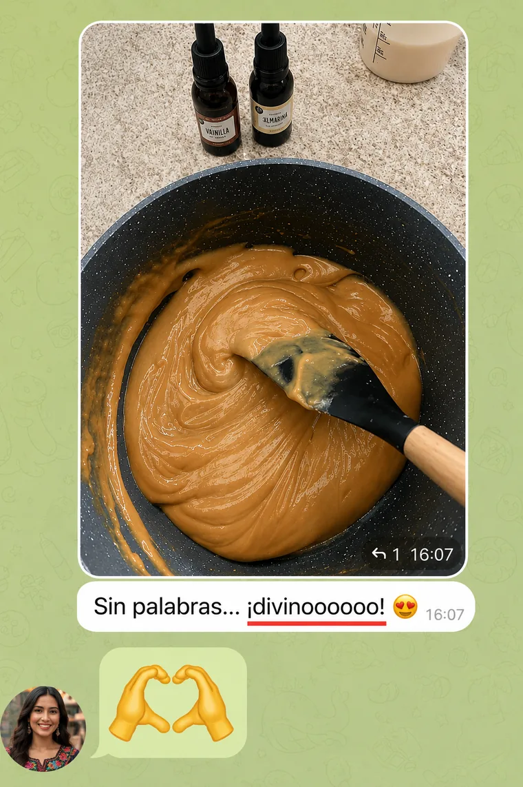 Captura del mensaje de una alumna con la foto de la cazuela de dulce de leche vegano recién hecho y el comentario de que se quedó sin palabras de lo divino que salió.