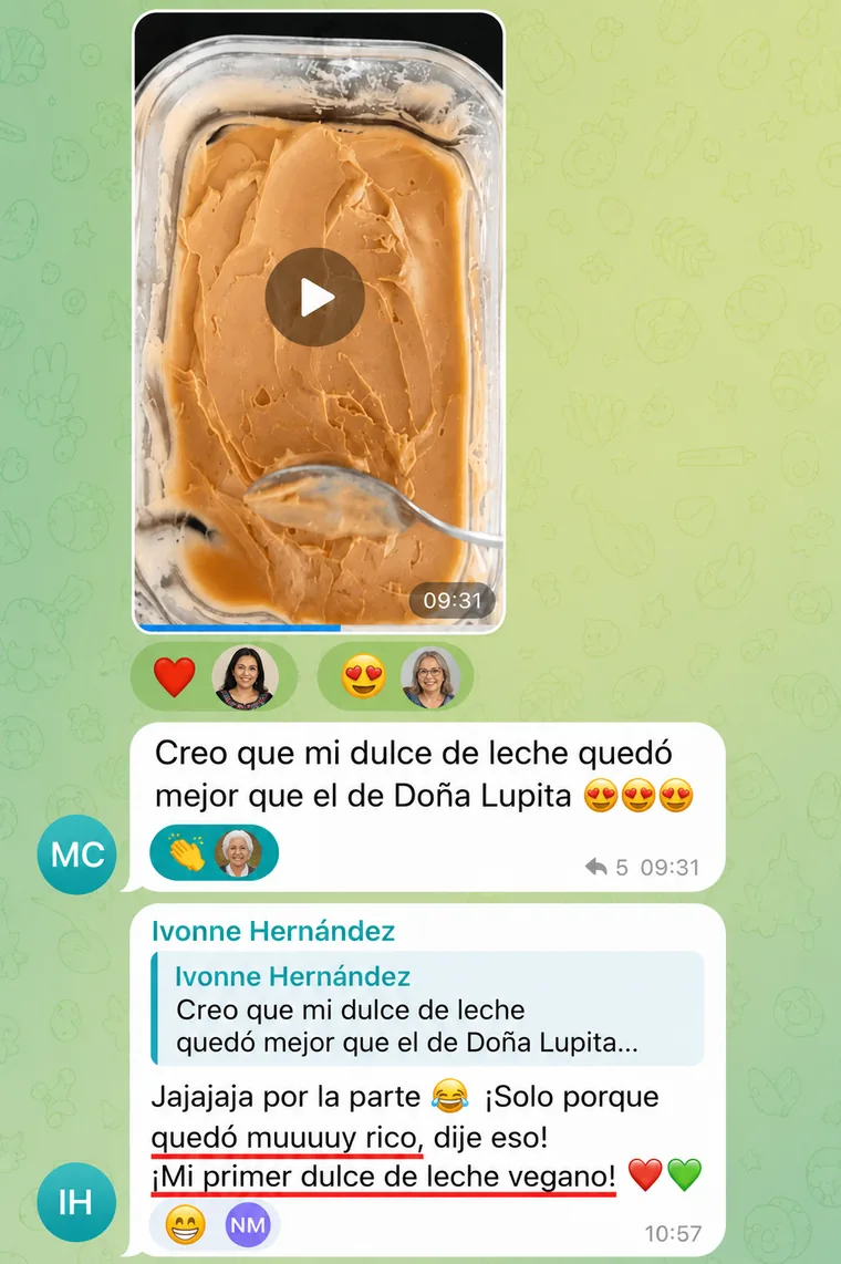 Captura del mensaje de una alumna que enseña en vídeo su dulce de leche vegano y bromea diciendo que le quedó mejor que el de Doña Lupita, porque le quedó muy rico.