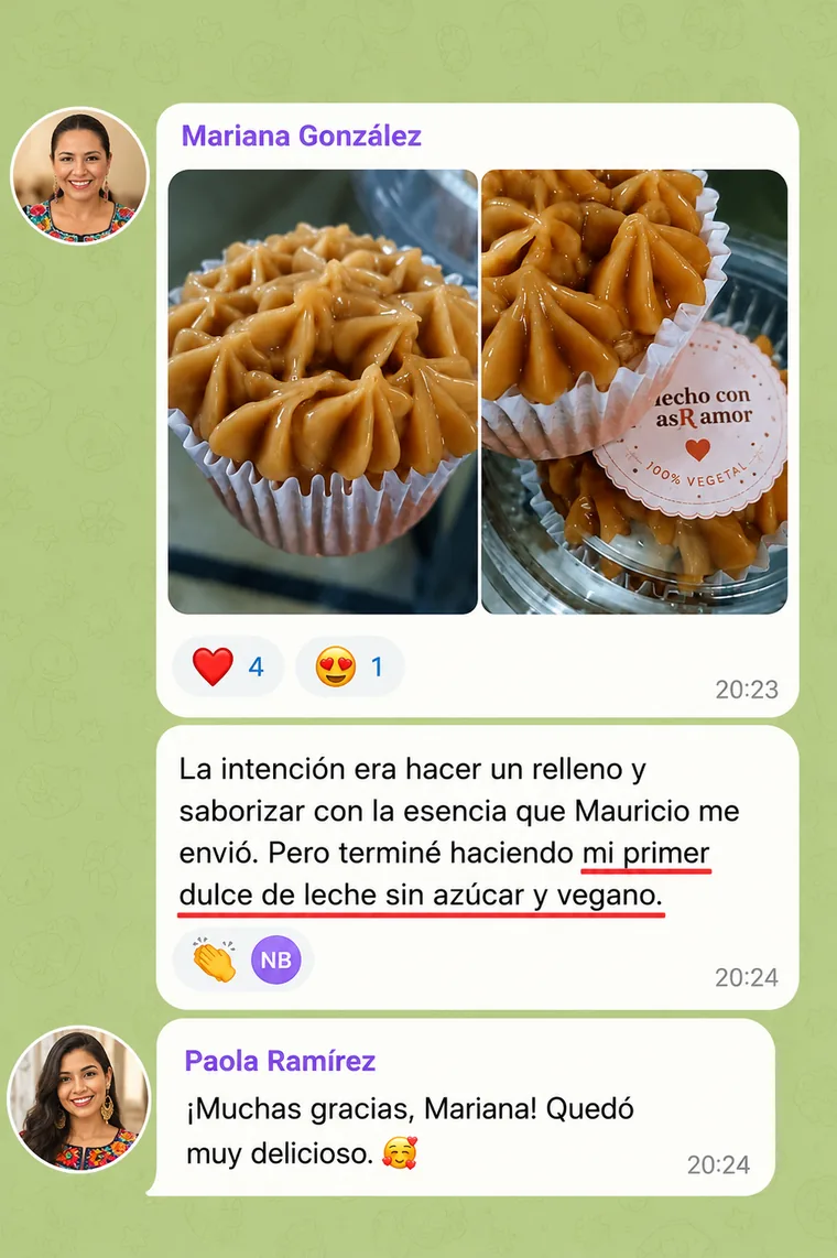 Captura del mensaje de una alumna con las fotos de sus copetes de dulce de leche vegano sin azúcar, moldeados con manga pastelera y etiquetados como cien por cien vegetal.