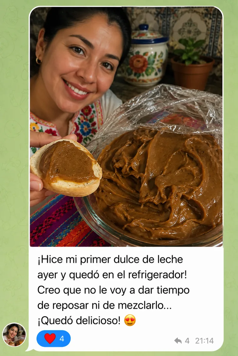 Captura del mensaje de una alumna que sale sonriendo con un pan untado con su dulce de leche vegano y cuenta que quedó delicioso.
