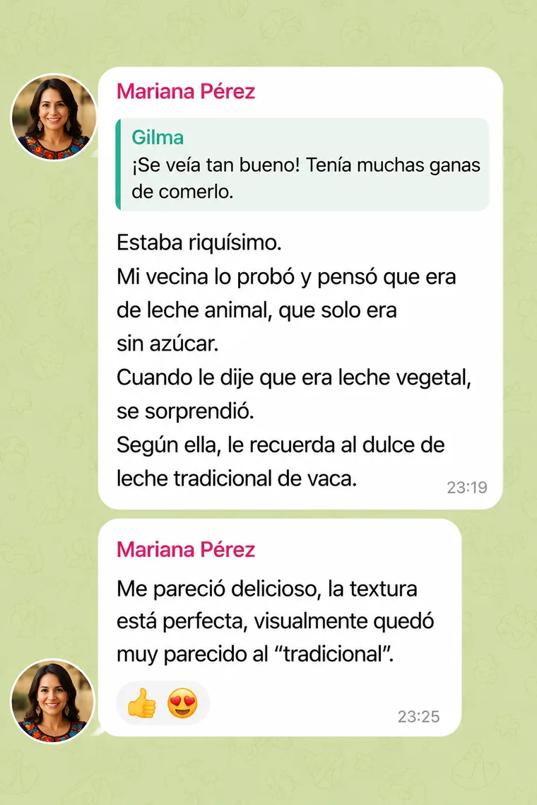Captura del mensaje de una alumna que cuenta que su vecina probó el dulce de leche y pensó que era de leche animal; dice que la textura quedó perfecta y muy parecida a la del dulce de leche tradicional.